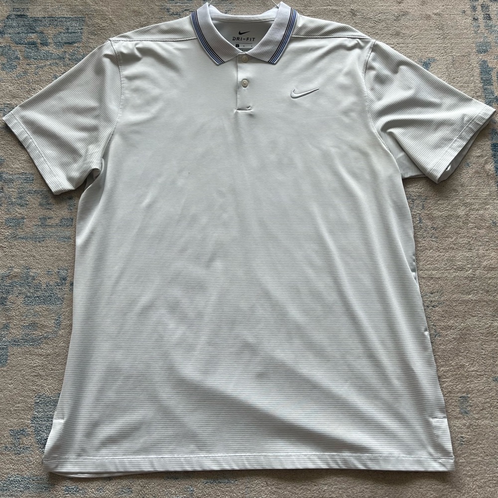 Nike Dri-Fit Stretch Golf Polo Light Grey White stripe with Blue Accent L
